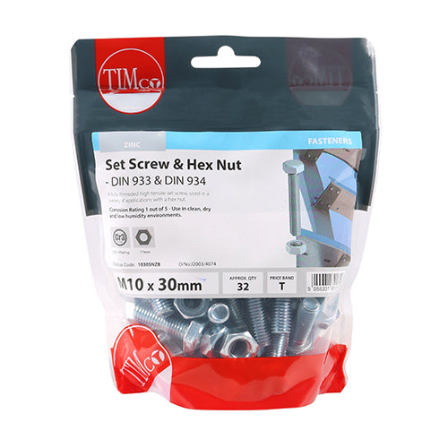 Set Screw & Hex Nut - BZP - M10 x 30 | TIMpac of 2
