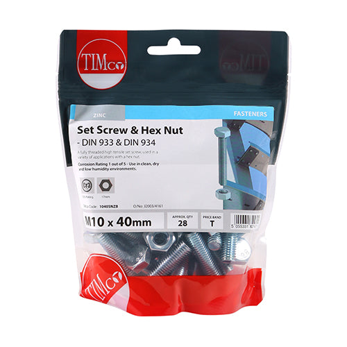 Set Screw & Hex Nut - BZP - M10 x 40 | TIMpac of 2