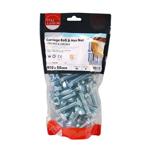 Carriage Bolt & Hex Nut - BZP - M10 x 50 | TIMpac of 2