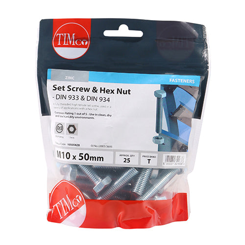 Set Screw & Hex Nut - BZP - M10 x 50 | TIMpac of 2