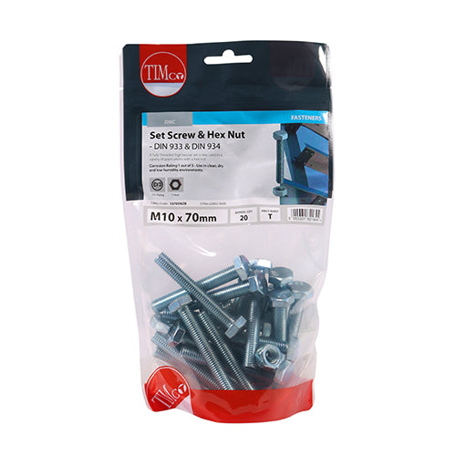 Set Screw & Hex Nut - BZP - M10 x 70 | TIMpac of 2