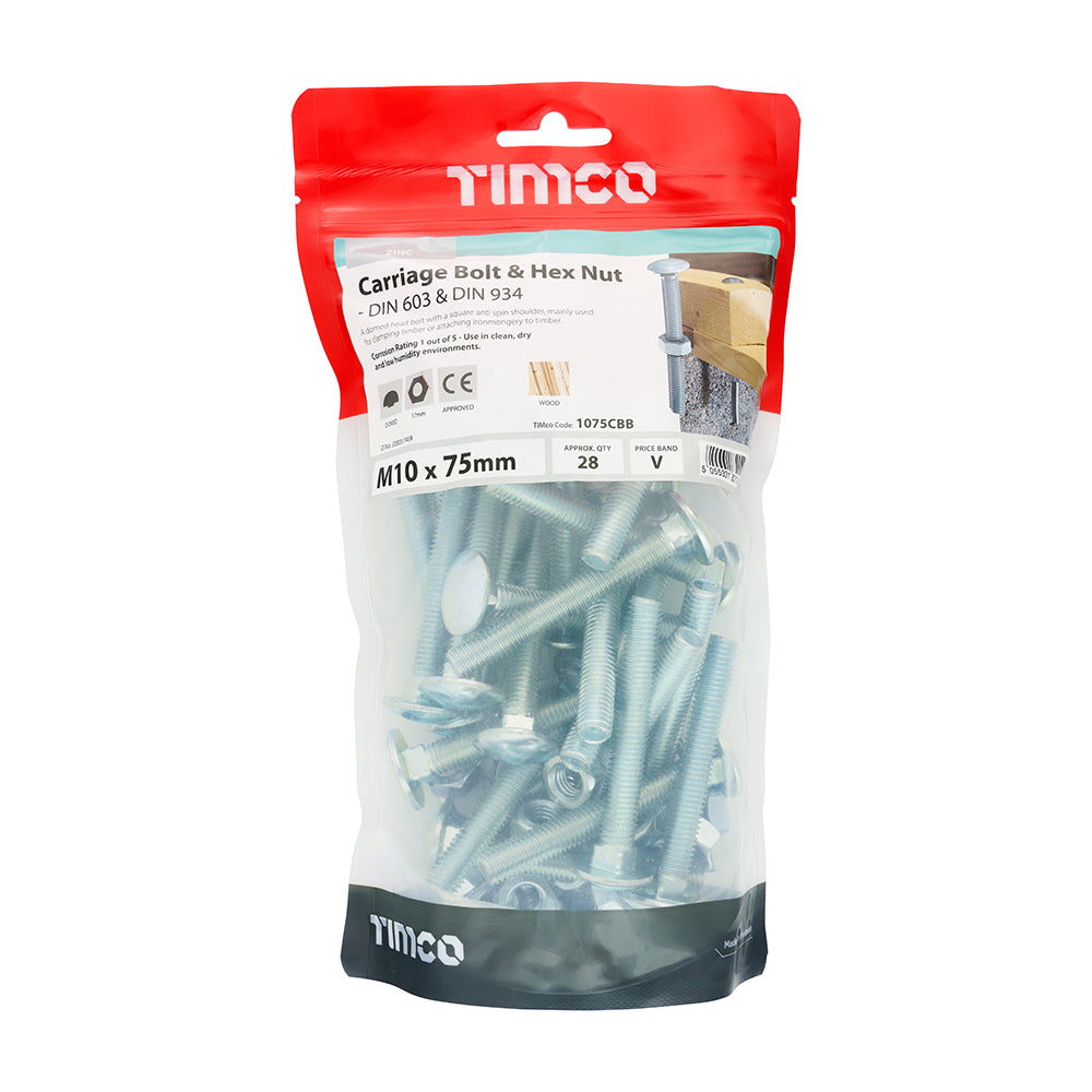 Carriage Bolt & Hex Nut - BZP - M10 x 75 | TIMpac of 3