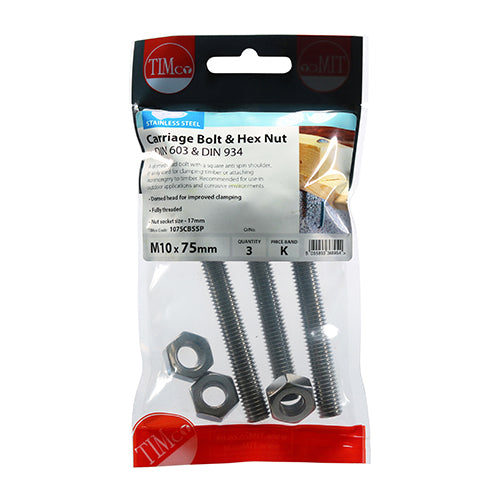 Carriage Bolt & Hex Nut -A2 SS - M10 x 75 | TIMpac of 3