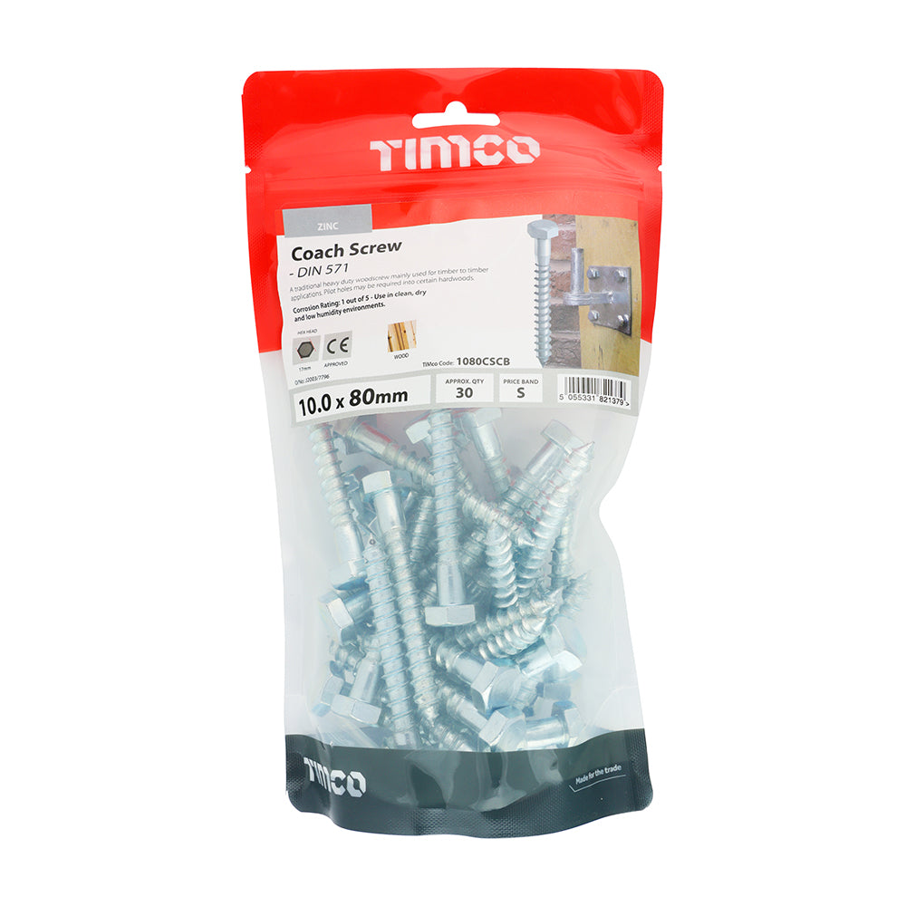 Coach Screw DIN 571 - BZP - 10.0 x 80 | TIMpac of 4