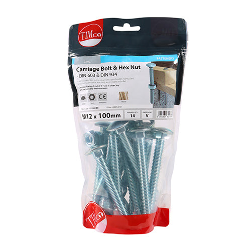 Carriage Bolt & Hex Nut - BZP - M12 x 100 | TIMpac of 2