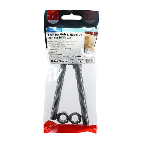Carriage Bolt & Hex Nut -A2 SS - M12 x 100 | TIMpac of 2