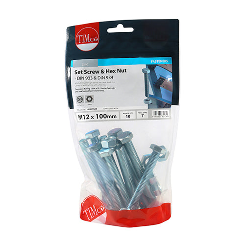 Set Screw & Hex Nut - BZP - M12 x 100 | TIMpac of 2