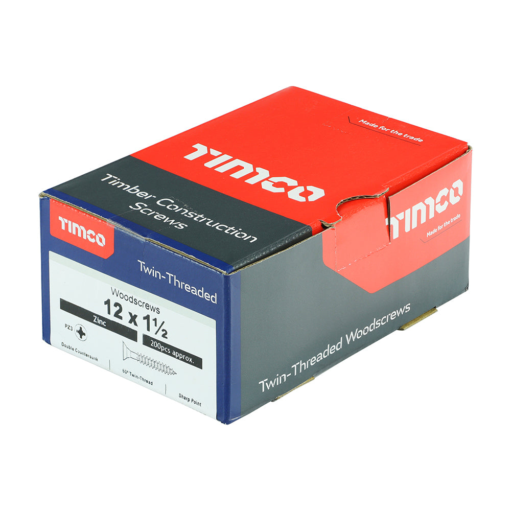 Twin Woodscrew PZ3 CSK Zinc - 12 x 1 1/2 | Box of 200