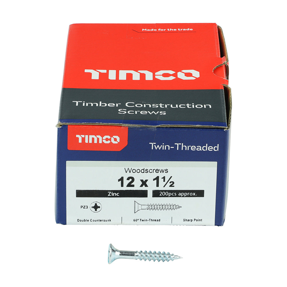 Twin Woodscrew PZ3 CSK Zinc - 12 x 1 1/2 | Box of 200