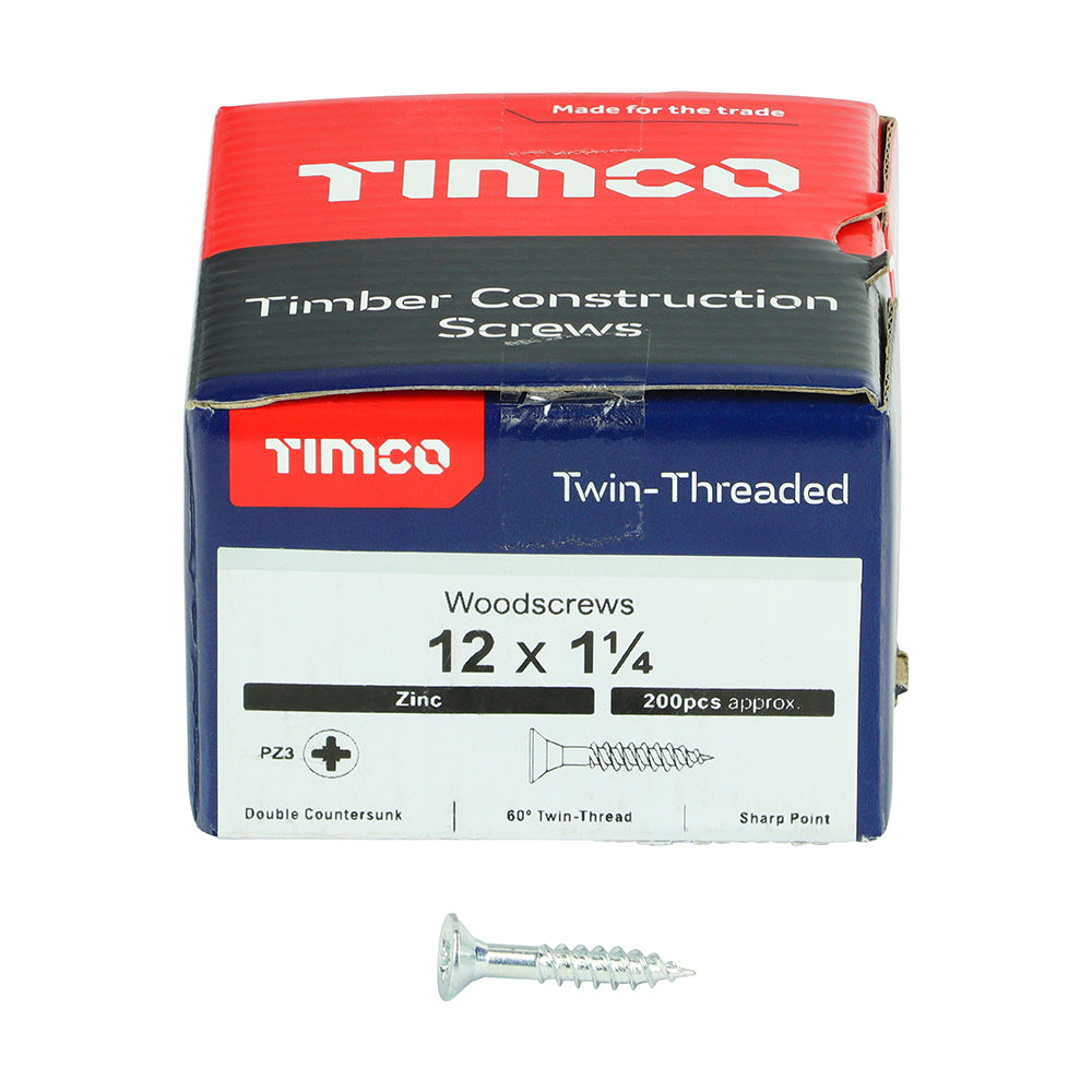 Twin Woodscrew PZ3 CSK Zinc - 12 x 1 1/4 | Box of 200
