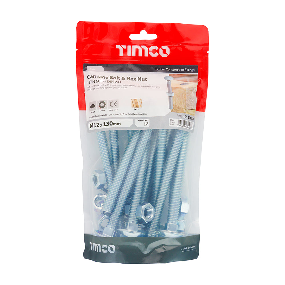 Carriage Bolt & Hex Nut - BZP - M12 x 130 | TIMpac of 2