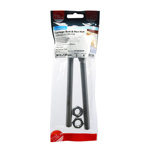 Carriage Bolt & Hex Nut -A2 SS - M12 x 130 | TIMpac of 2