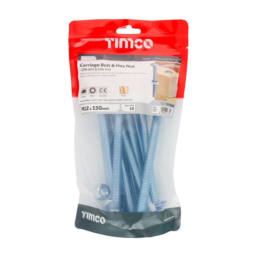 Carriage Bolt & Hex Nut - BZP - M12 x 150 | TIMbag of 10
