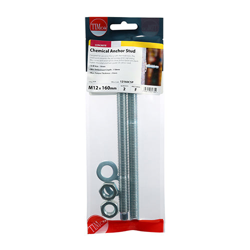 Chemical Anchor Stud - BZP - M12 x 160 | TIMpac of 2