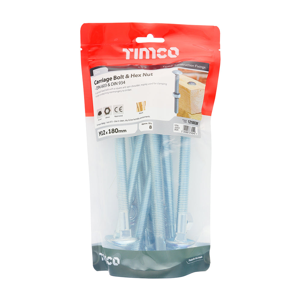 Carriage Bolt & Hex Nut - BZP - M12 x 180 | TIMpac of 2