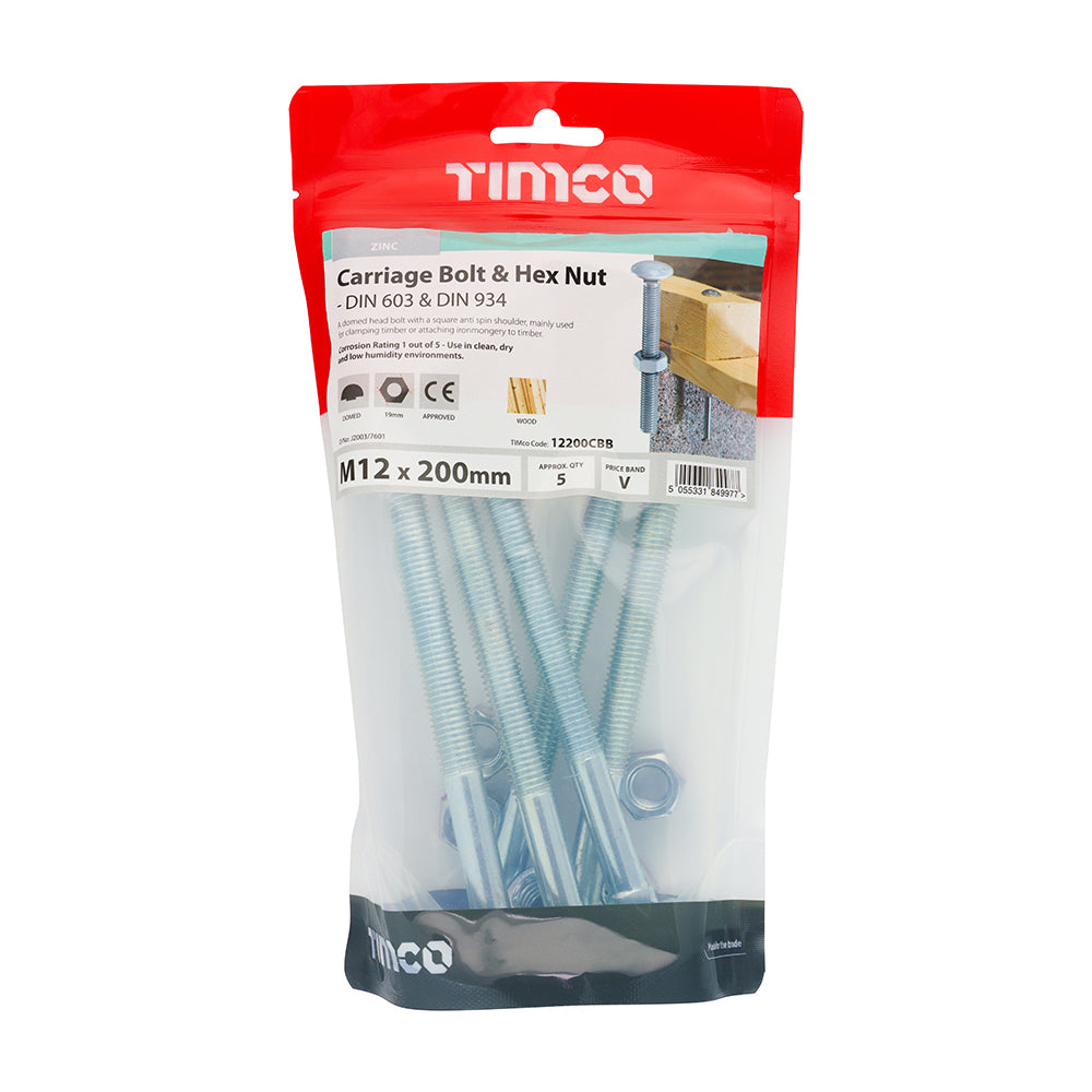 Carriage Bolt & Hex Nut - BZP - M12 x 200 | TIMbag of 5