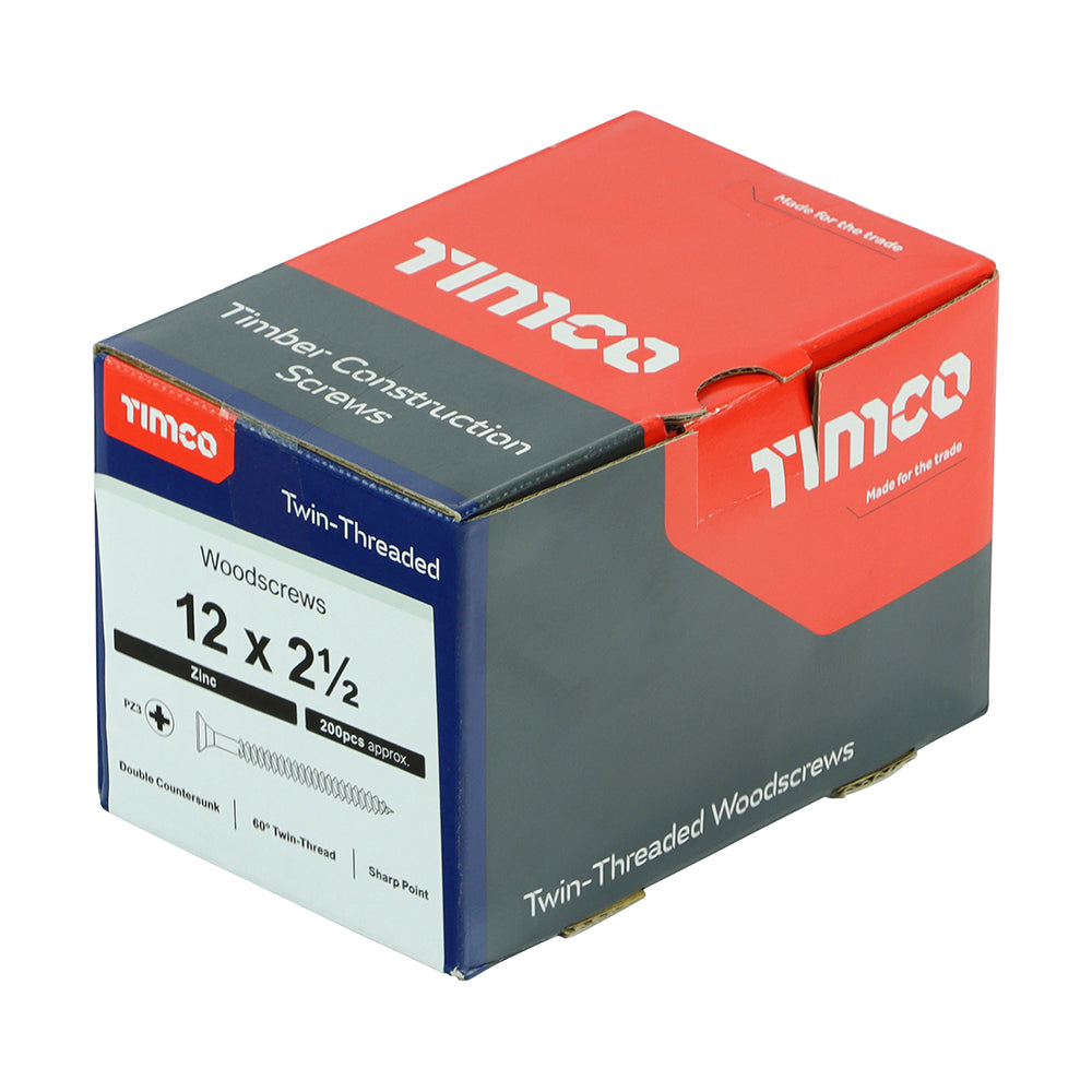Twin Woodscrew PZ3 CSK Zinc - 12 x 2 1/2 | Box of 200