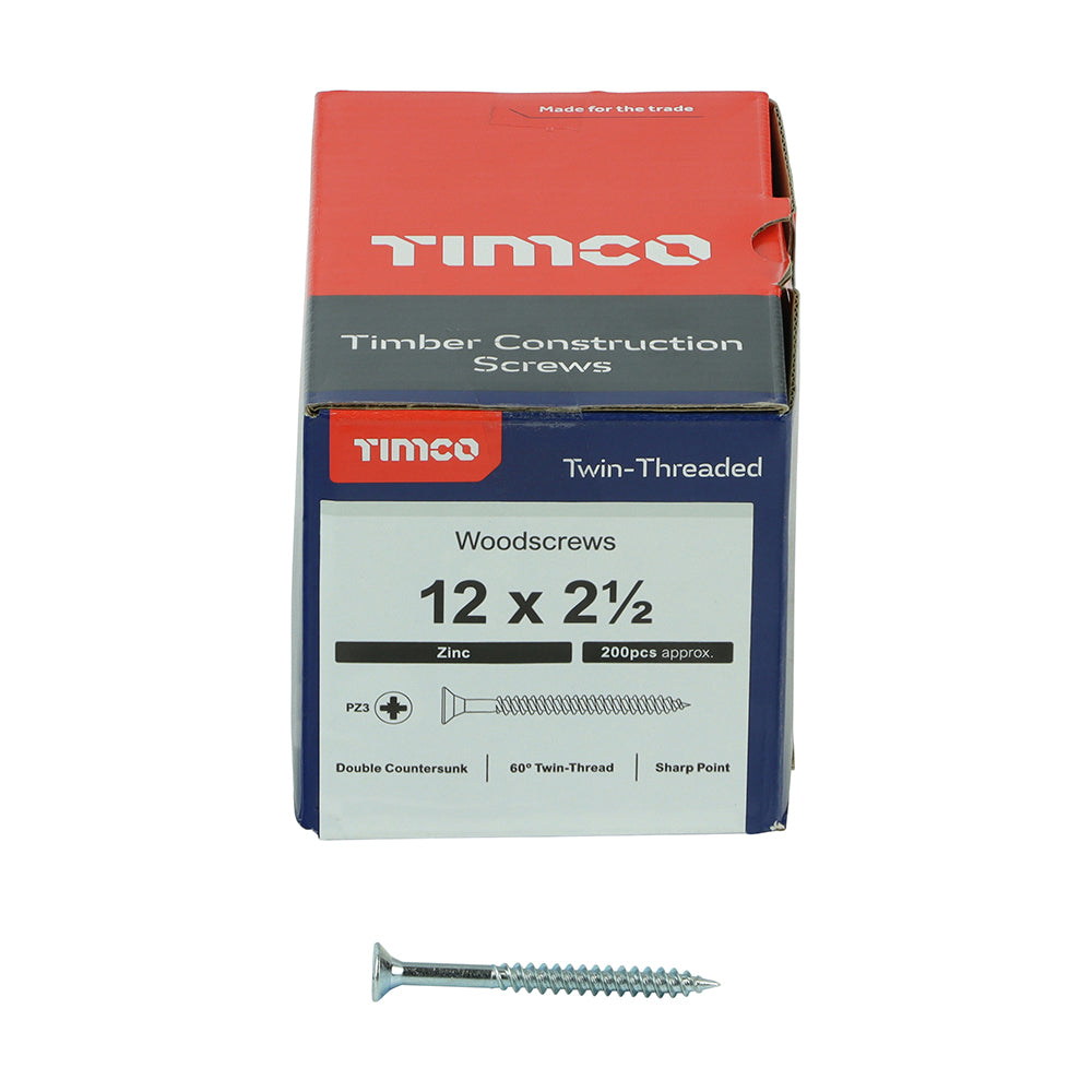 Twin Woodscrew PZ3 CSK Zinc - 12 x 2 1/2 | Box of 200
