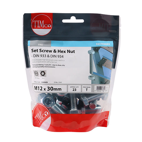 Set Screw & Hex Nut - BZP - M12 x 30 | TIMpac of 2