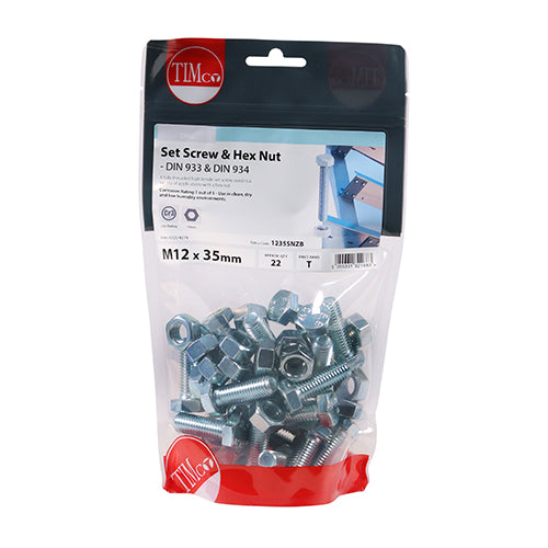 Set Screw & Hex Nut - BZP - M12 x 35 | TIMpac of 2