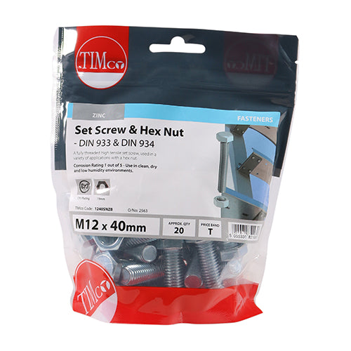 Set Screw & Hex Nut - BZP - M12 x 40 | TIMpac of 2