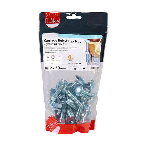 Carriage Bolt & Hex Nut - BZP - M12 x 50 | TIMpac of 2