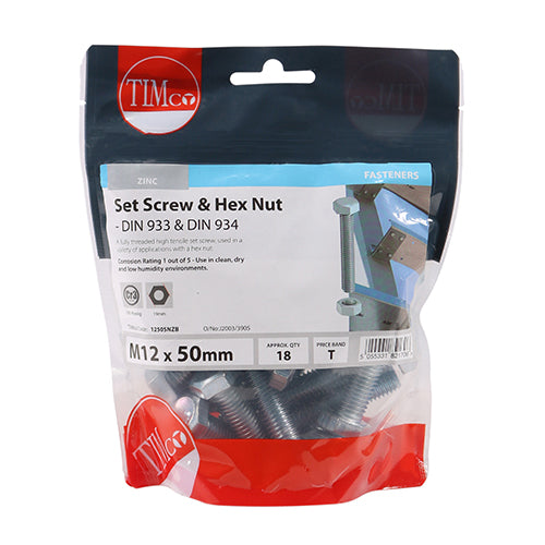 Set Screw & Hex Nut - BZP - M12 x 50 | TIMpac of 2