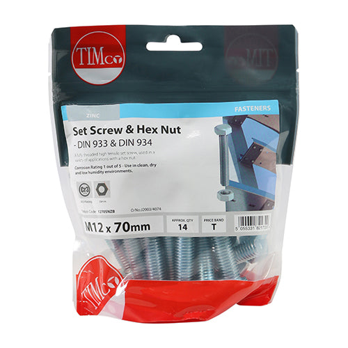 Set Screw & Hex Nut - BZP - M12 x 70 | TIMpac of 2