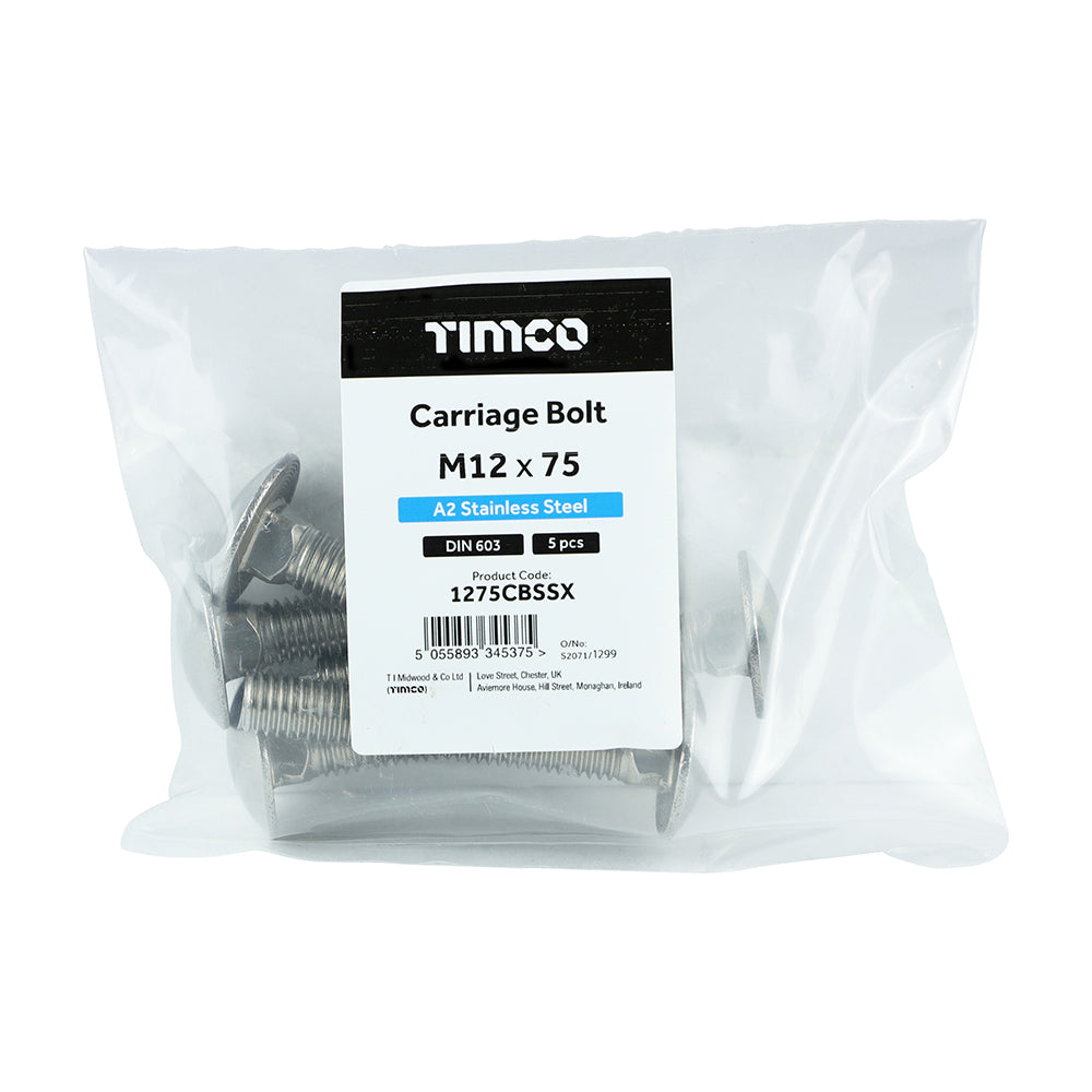 Carriage Bolt DIN 603 A2 SS - M12 x 75 | Bag of 5
