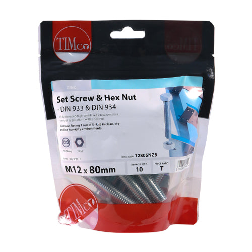 Set Screw & Hex Nut - BZP - M12 x 80 | TIMpac of 2