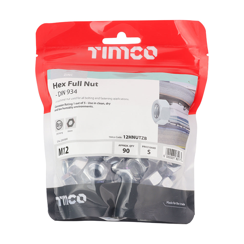 Hex Nut DIN 934 - BZP - M12 | TIMpac of 10