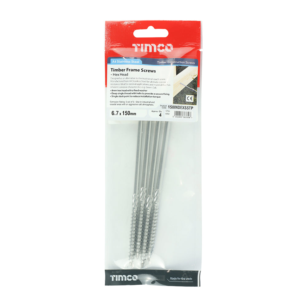 Hex Head Timber Screw - A4 SS - 6.7 x 150 | TIMpac of 4