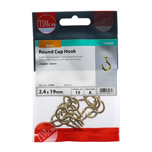 Round Cup Hook - E/Brass - 19mm | TIMpac of 15