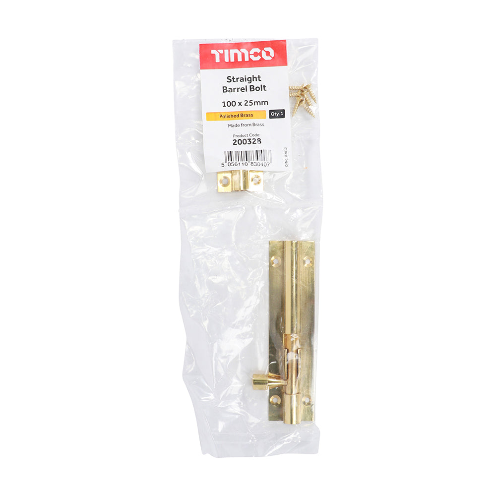 Str. Barrel Bolt Pol. Brass - 100 x 25mm | Bag