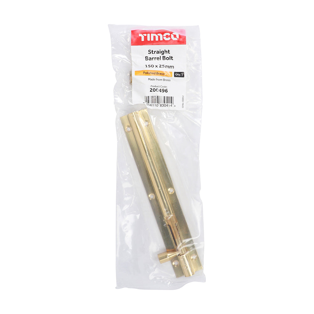 Str. Barrel Bolt Pol. Brass - 150 x 25mm | Bag