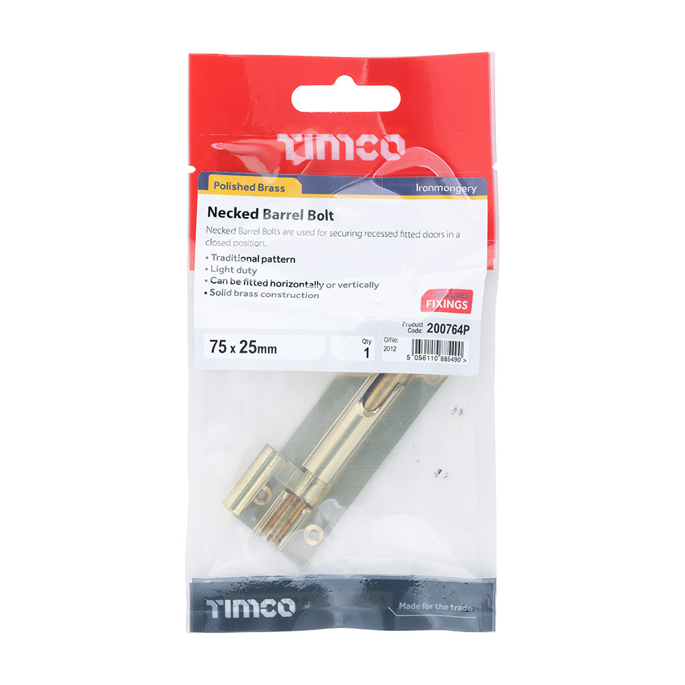 Nkd. Barrel Bolt Pol. Brass - 75 x 25mm | Bag
