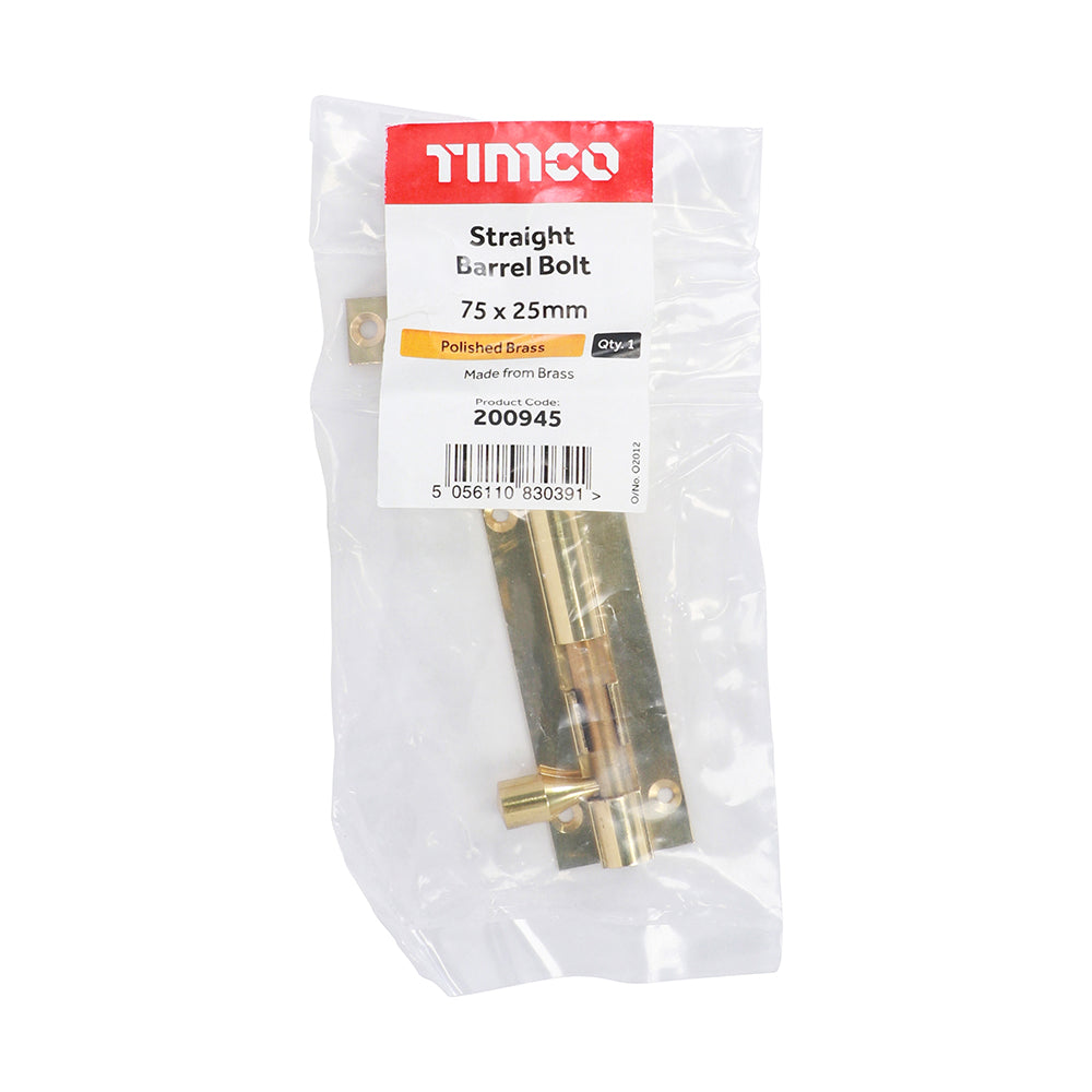 Str. Barrel Bolt Pol. Brass - 75 x 25mm | Bag