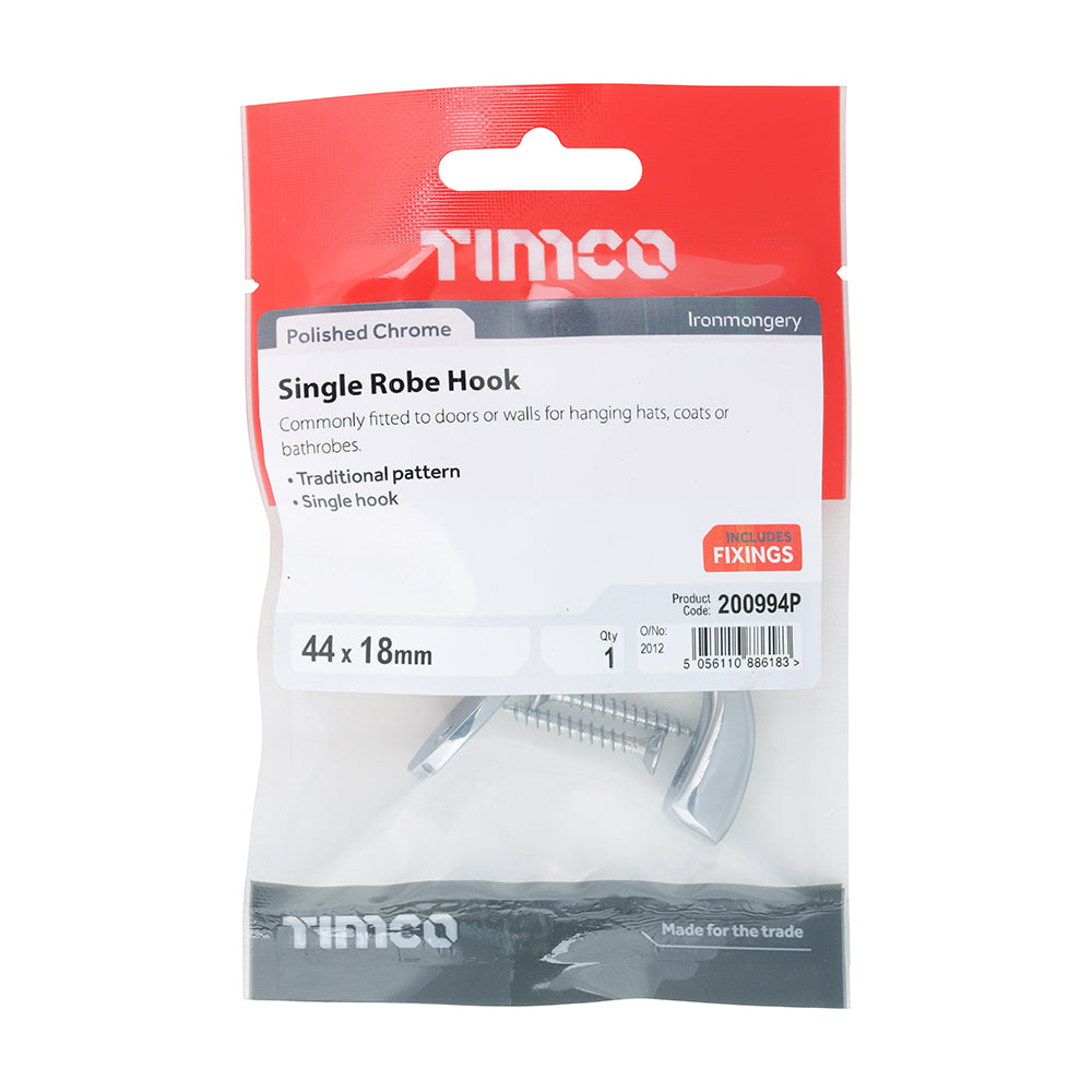 Single Robe Hook Pol. Chrome - 44 x 18mm | Bag