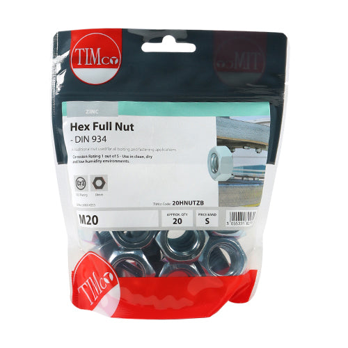 Hex Nut DIN 934 - BZP - M20 | TIMpac of 2