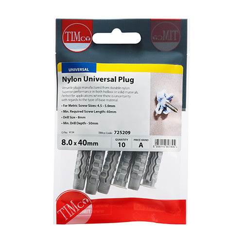 Nylon Universal Plug - 8.0 x 40 | TIMpac of 10