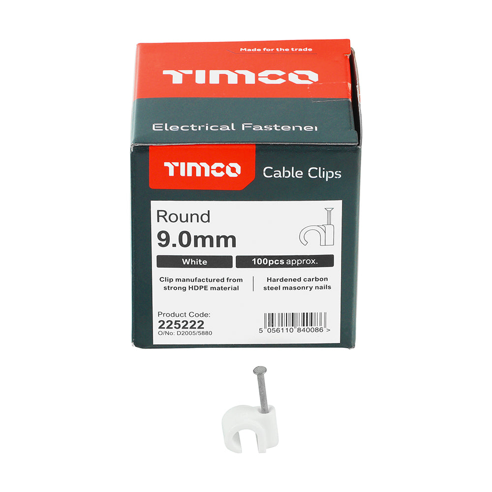 Round Cable Clip White - To fit 9.0mm | Box of 100
