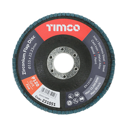 Timco Set of Flap Discs - Zirconium - Type 29 Conical - P120 Grit - 115 x 22.23 (Pack of 10)