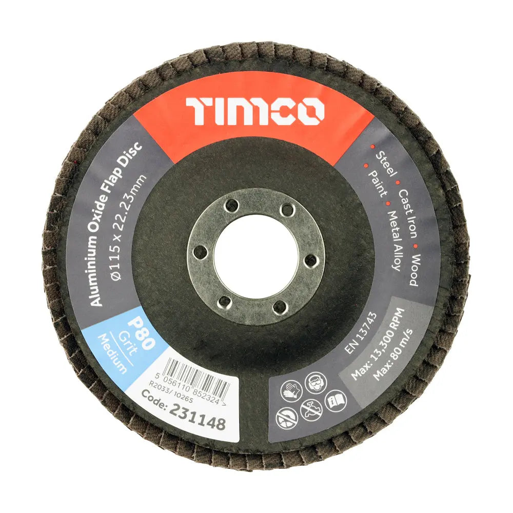 Timco Set of Flap Discs - Aluminium Oxide - Type 29 Conical - 80 Grit - 115 x 22.23 (Pack of 10) Timco