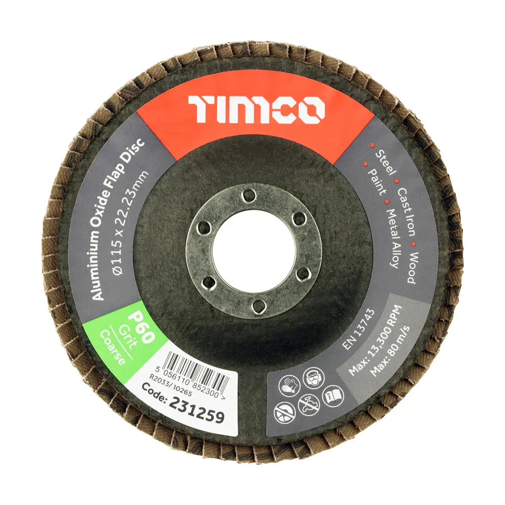 Timco Set of Flap Discs - Aluminium Oxide - Type 29 Conical - 60 Grit - 115 x 22.23 (Pack of 10) Timco