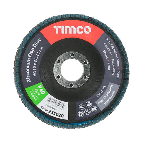 Timco Set of Flap Discs - Zirconium - Type 29 Conical - P40 Grit -115 x 22.23 (Pack of 10)