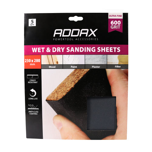 Wet & Dry Sanding Sheets - 600 Grit - Black - 230 x 280mm - Pack of 5