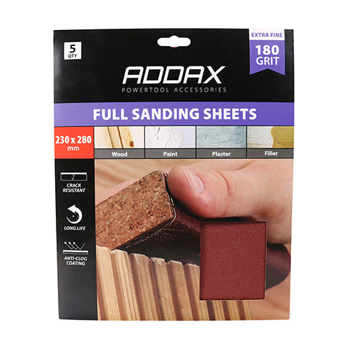 Sanding Sheets - 180 Grit - Red - 230 x 280mm - Pack of 5