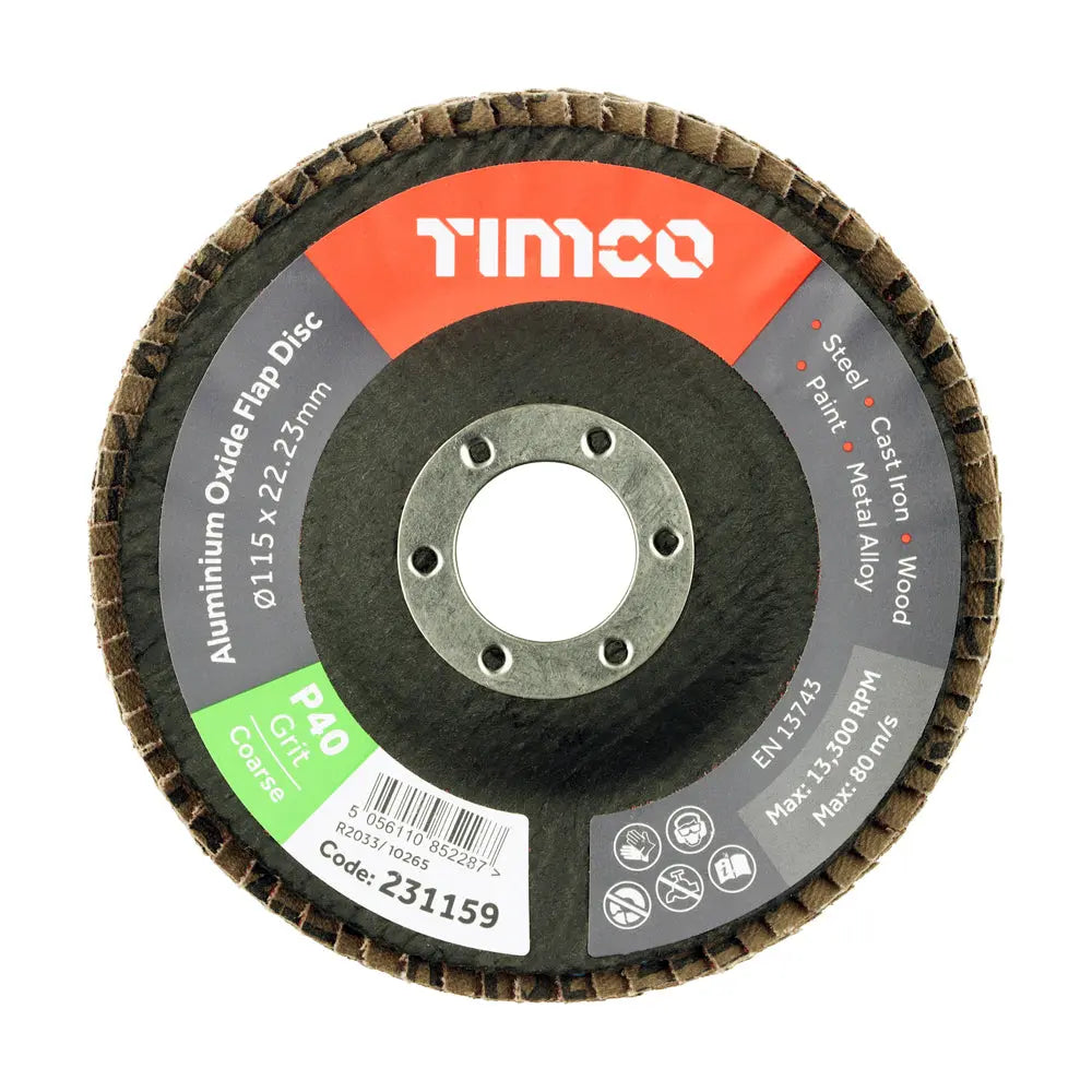 Timco Set of Flap Discs - Aluminium Oxide - Type 29 Conical - 40 Grit - 115 x 22.23 (Pack of 10) Timco