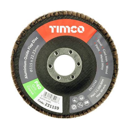 Timco Set of Flap Discs - Aluminium Oxide - Type 29 Conical - 40 Grit - 115 x 22.23 (Pack of 10)