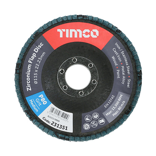 Timco Set of Flap Discs - Zirconium - Type 29 Conical - P80 Grit - 115 x 22.23 (Pack of 10)